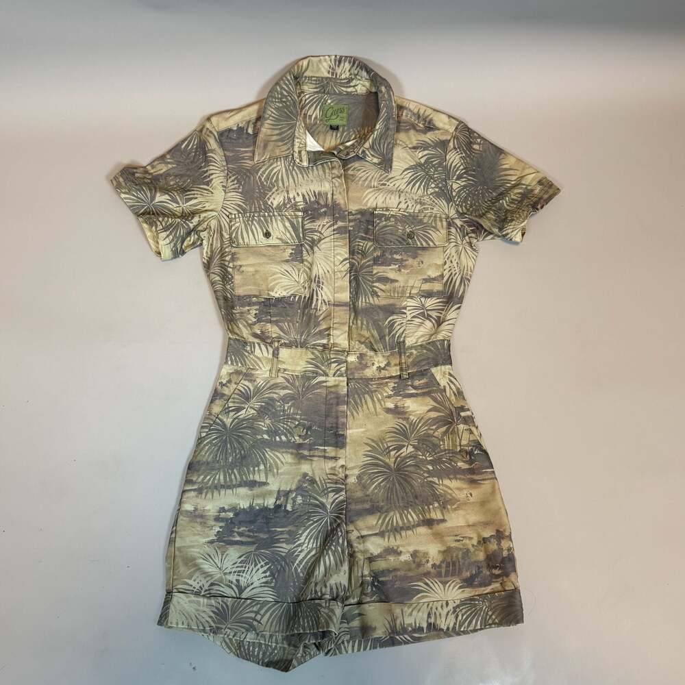Guess Women’s Tropical Palm Print Utility Romper Jumpsuit Size XS Button Front